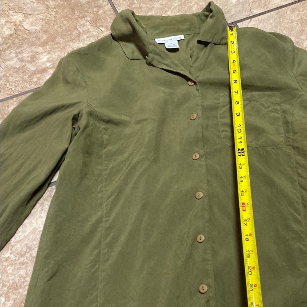 Silk Vintage Medium Olive Green Long Sleeve Shirt Spring Elegant